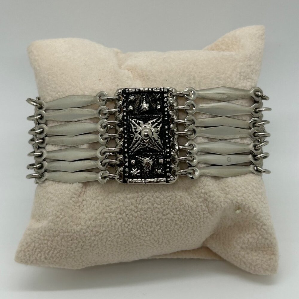 Vintage Mexican Alpaca Silver Panel Bracelet Aztec Motif Made in Mexico Boho